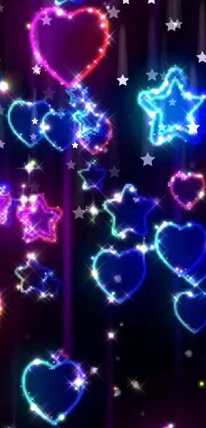 Vibrant neon wallpaper with glowing hearts and stars.