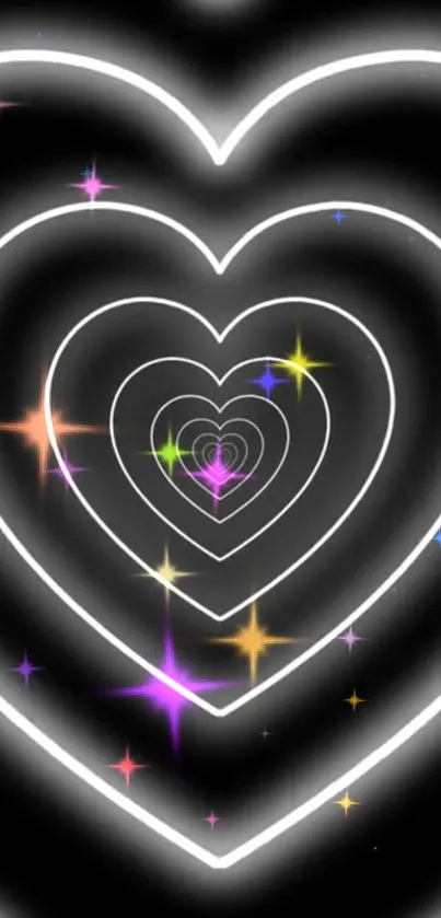 Neon heart and stars with glowing design on black background.