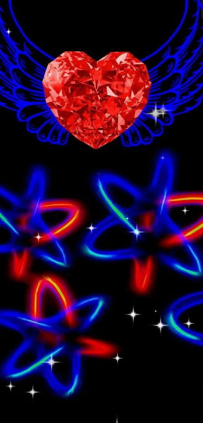 Neon heart with wings and colorful stars wallpaper