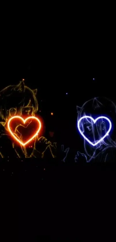 Neon anime characters holding glowing hearts in vibrant wallpaper.