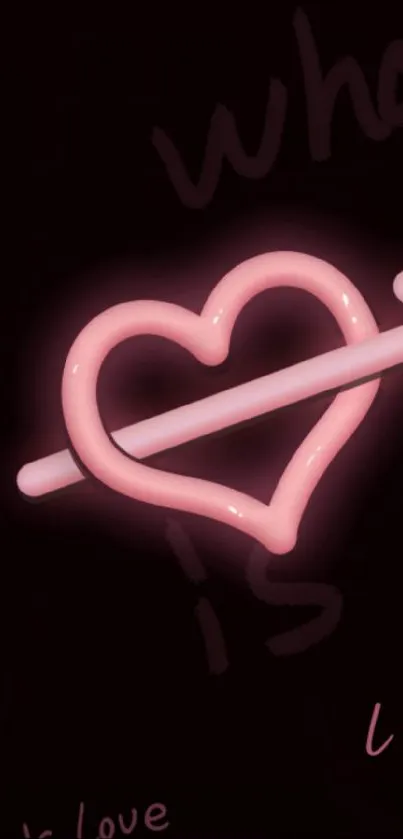 Neon pink heart with arrow on black background.