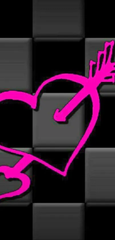 Neon pink heart with arrow on checkered background.