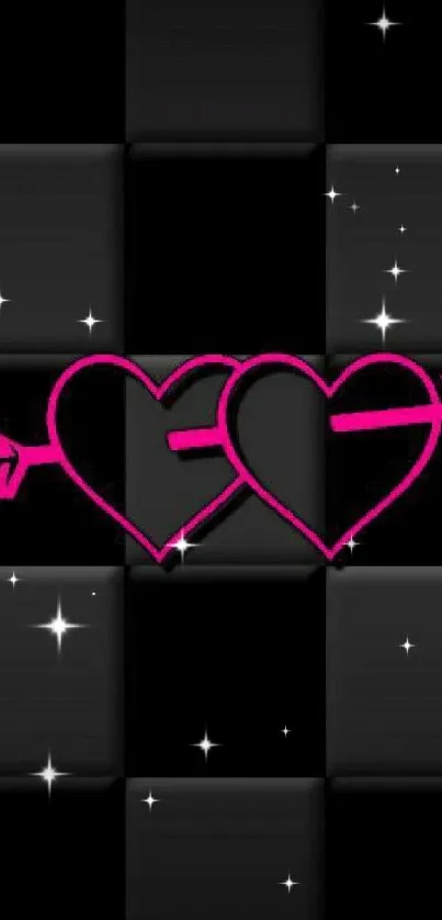 Neon pink heart with arrow wallpaper on black background.