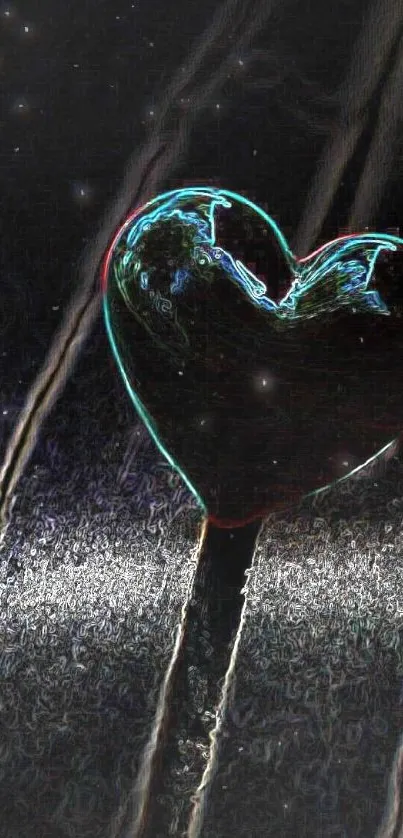 Neon heart artwork on a dark textured background.