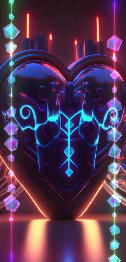 Neon heart art with metallic design and vibrant colors.