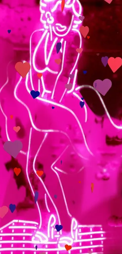 Neon silhouette of a woman with hearts on pink background.