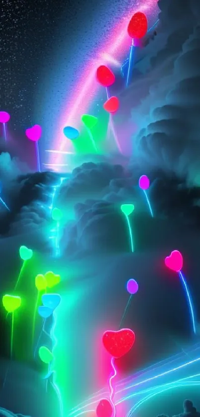 Neon heart balloons float in a vibrant cloudscape under a starry night sky.