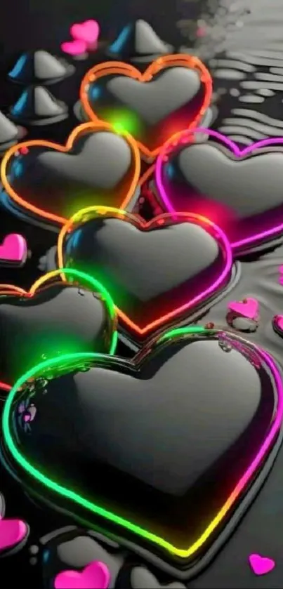 Vibrant neon hearts on a black background, perfect for your mobile wallpaper.