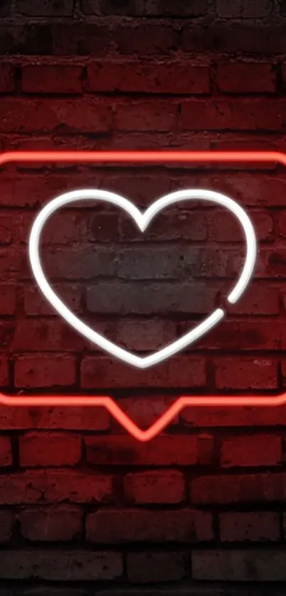 Neon heart glowing on a brick wall background.