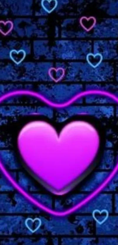 Neon heart on blue brick wall with vibrant colorful accents.