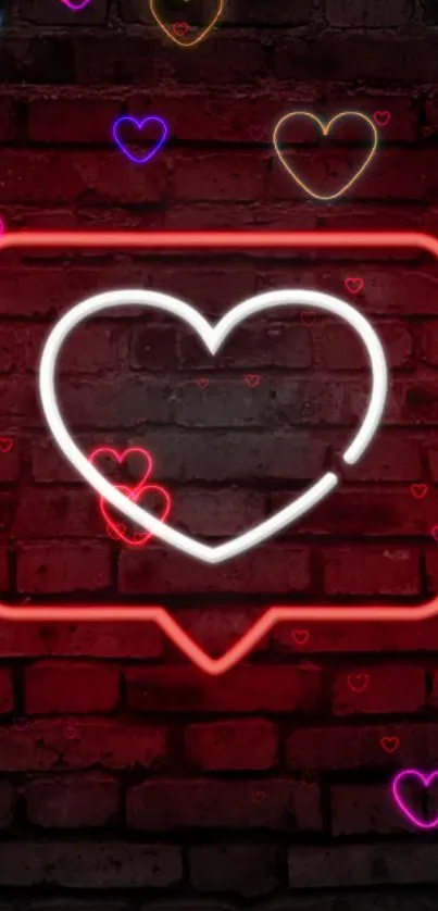 Neon heart symbol on dark brick wall with glowing accents.