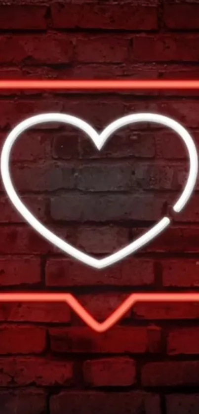 Neon heart on a brick wall glowing red.