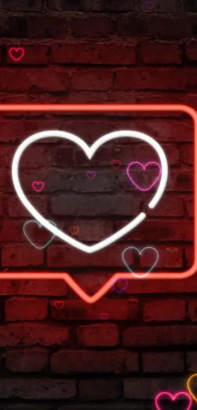 Neon heart icon on brick wall wallpaper.