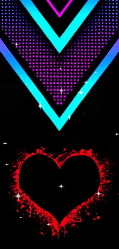 Vibrant neon heart wallpaper with colorful patterns and stars.