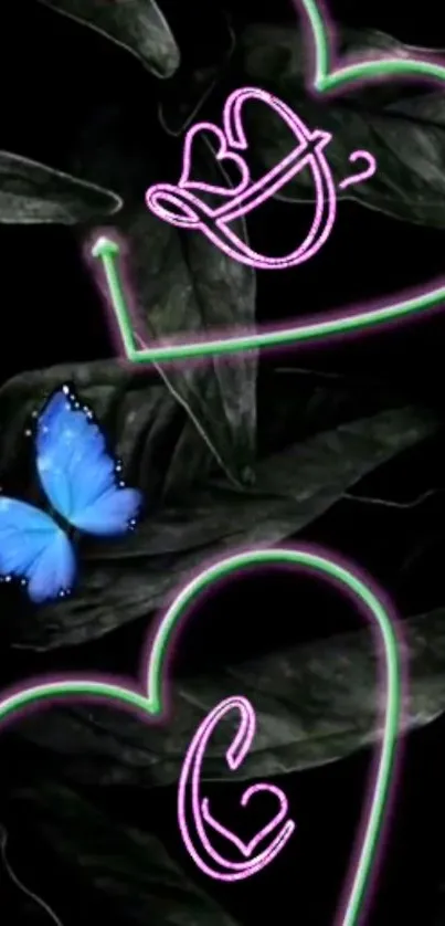 Neon heart and blue butterfly on dark leaves wallpaper.