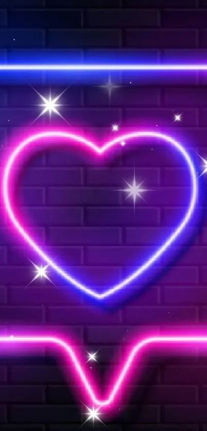 Neon heart chat icon against a dark brick wall.