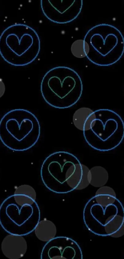 Neon heart circle pattern on black mobile wallpaper.