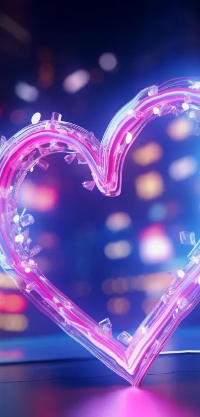 Neon heart with city lights background in pink and blue hues.