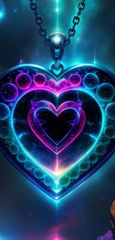 Vibrant neon heart pendant on cosmic background wallpaper.