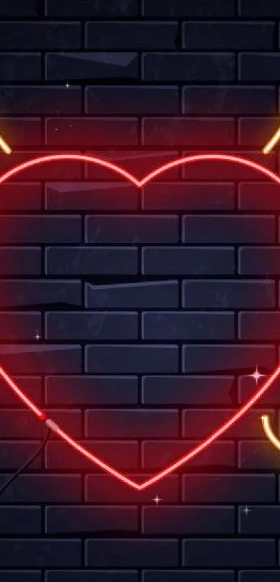 Neon heart devil design on a dark brick background.