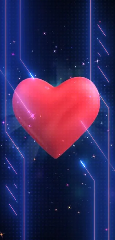 Neon heart on a dark background with digital lines and stars.