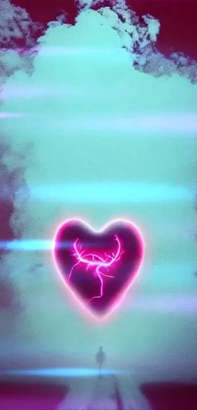 Neon heart against dark cosmic clouds on phone wallpaper.