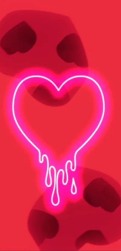 Neon pink heart dripping on black background.