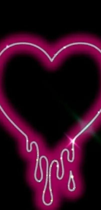 Neon heart with dripping effect on black background.