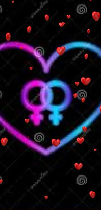 Neon heart with female symbols on a black background.