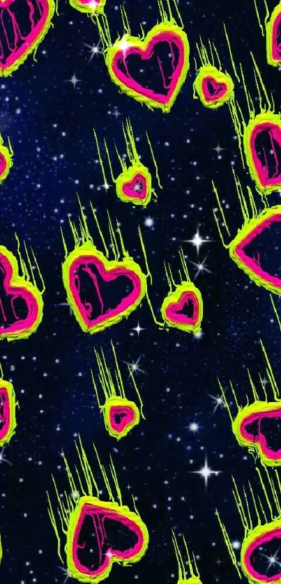 Neon hearts falling through a starry night sky on a dark blue background.