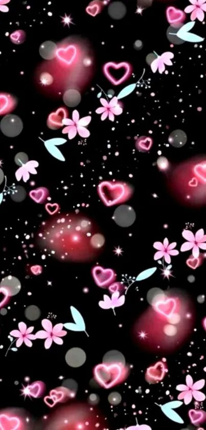 Glowing neon heart floral wallpaper design.