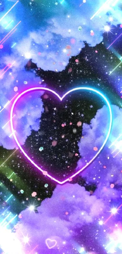 Vibrant neon heart galaxy wallpaper with cosmic clouds and lights.