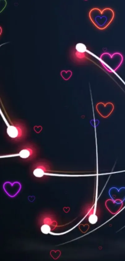 Vibrant neon hearts and glowing lines on dark blue background.