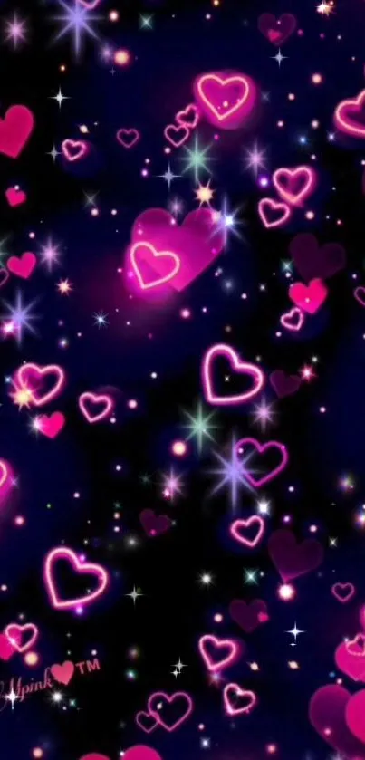 Neon pink heart galaxy wallpaper with stars.