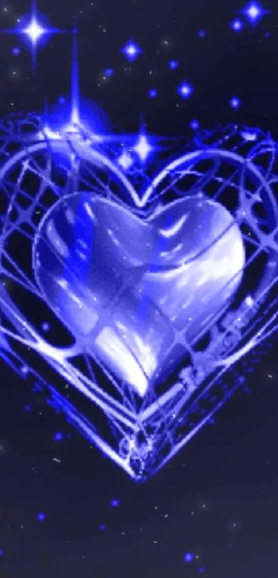 Neon heart with stars on a blue galaxy-themed background.