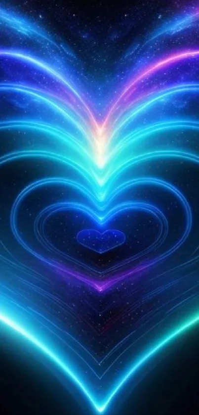 Vibrant neon heart galaxy wallpaper with glowing blue waves.