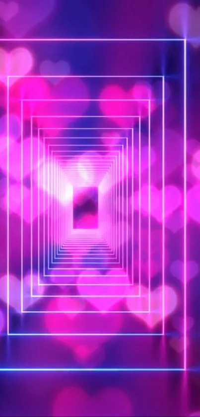 Vibrant neon geometric wallpaper with glowing pink hearts and purple hues.