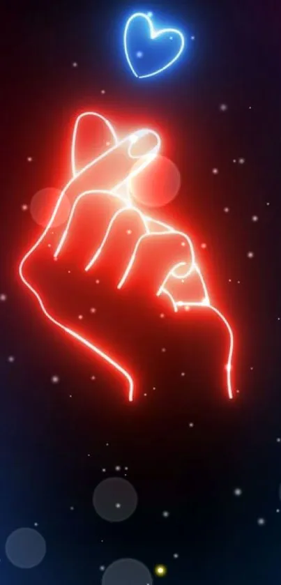 Neon hand gesture with heart in vibrant red and blue lights.