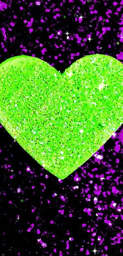 Neon green glitter heart on purple background.