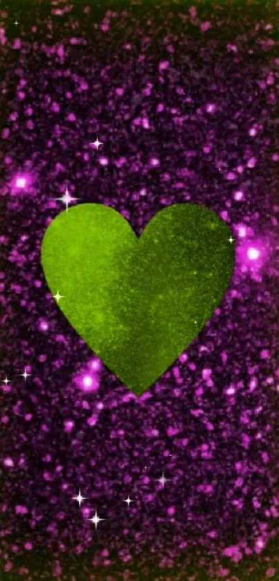 Neon green heart on purple glitter background