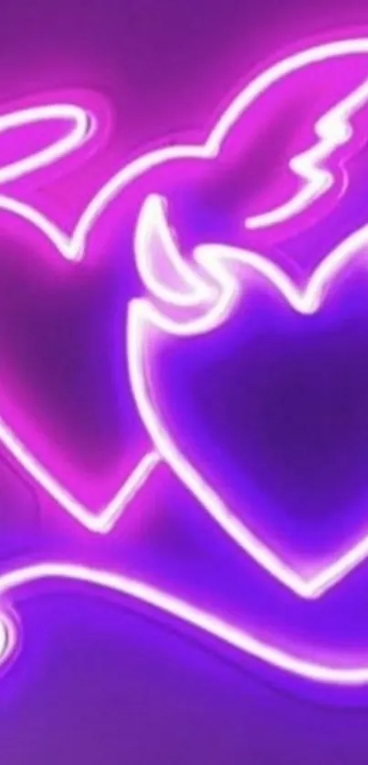 Vibrant neon hearts glowing in purple hues