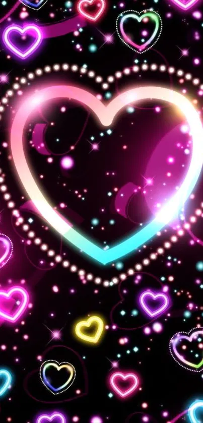 Neon hearts glowing brightly on a dark background with vibrant colors.