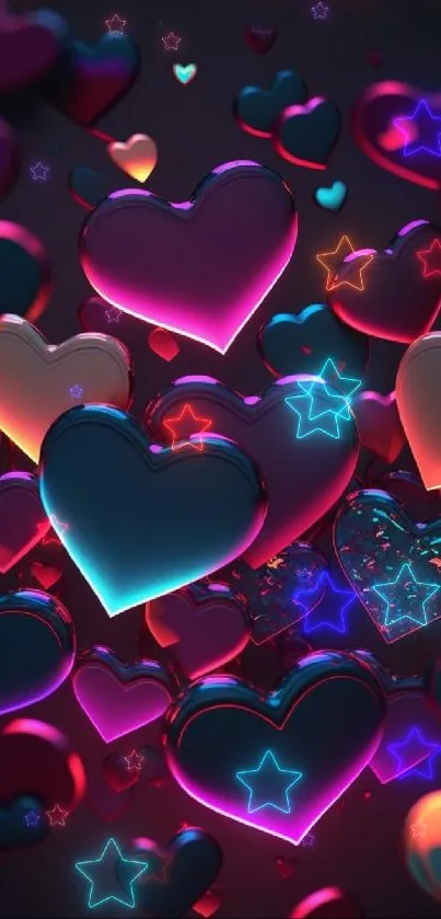 Vibrant 3D neon hearts floating on a dark background.