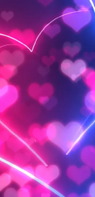 Vibrant neon heart glow in blue and pink on a dark background.