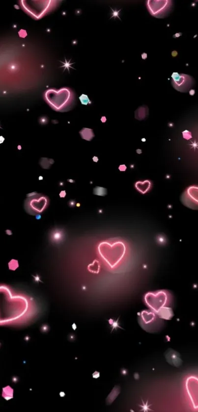 Mobile wallpaper with glowing pink neon hearts on a black background.