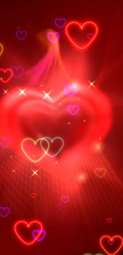 Vibrant neon hearts glowing on a red background wallpaper.