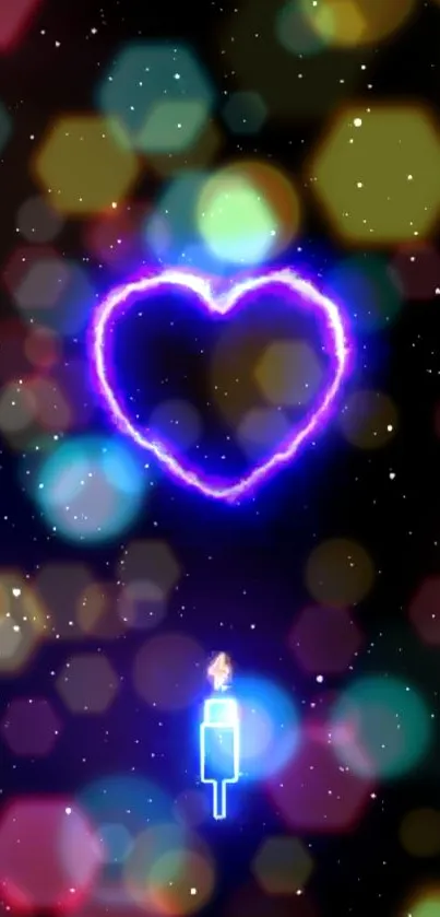 Neon heart glowing with colorful lights on a starry background.