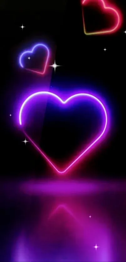 Mobile wallpaper with glowing neon hearts on a black background.