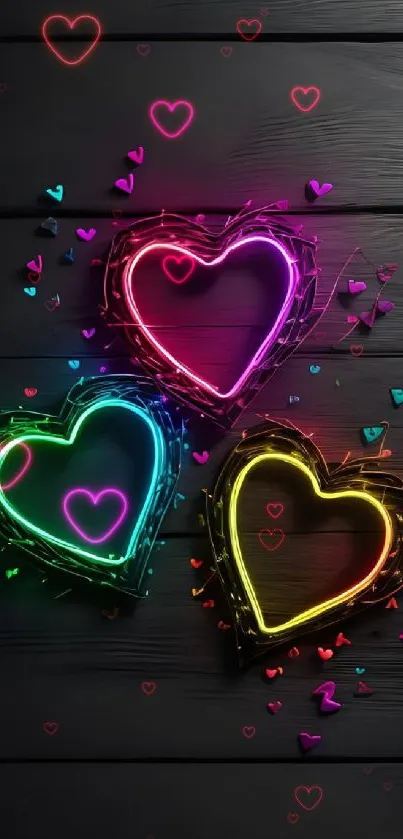 Colorful neon heart shapes on black wood background.