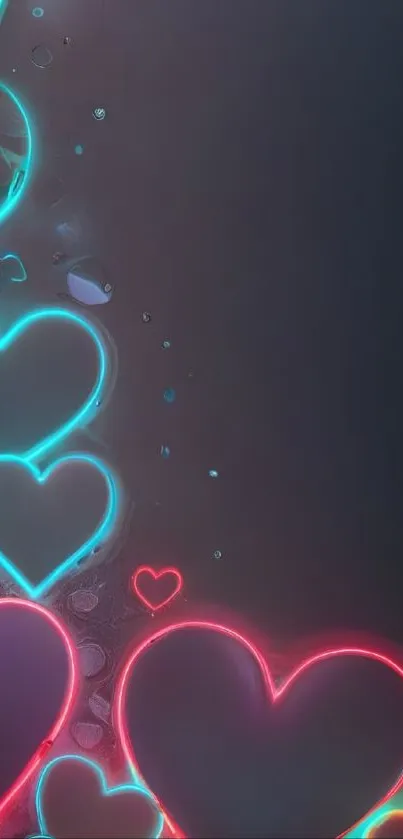 Neon hearts glowing in blue and red hues.